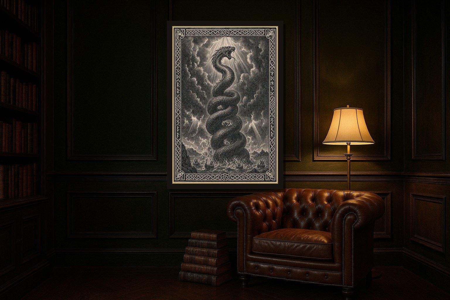 Jörmungandr hanging framed in a room