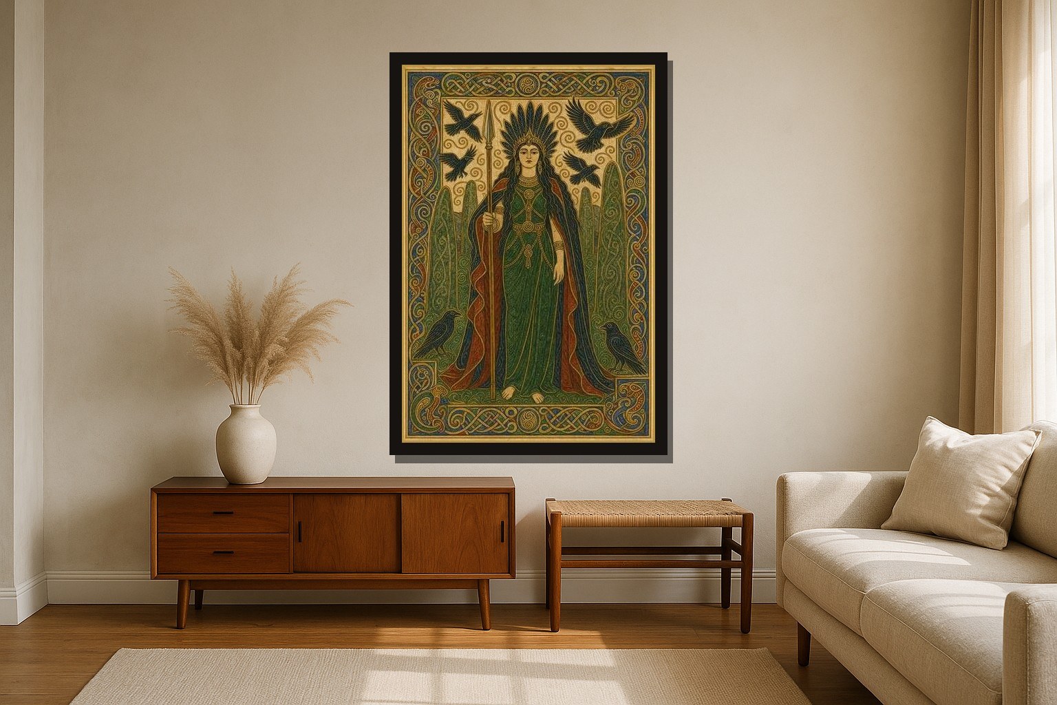 The Morrígan hanging framed in a room